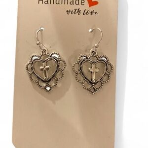 Silver-Tone Heart Cross Dangle Earrings - Vintage-Inspired